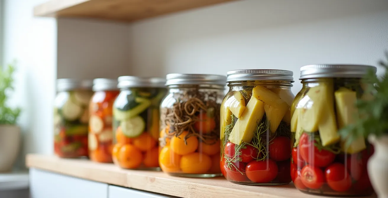 Einmachgläser mit konservierten Balkongemüsen im Schweizer Stil arrangiert
