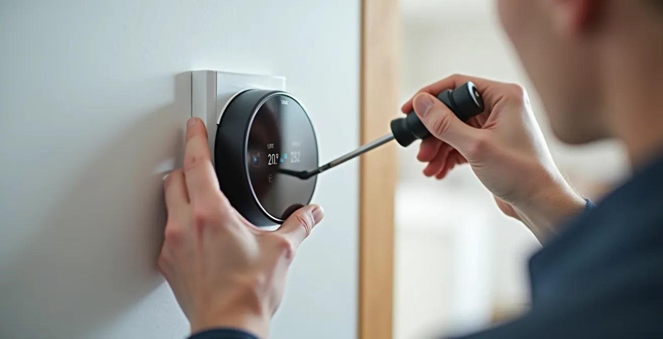 Nahaufnahme von Händen beim Installieren eines smarten Thermostats mit Werkzeugen
