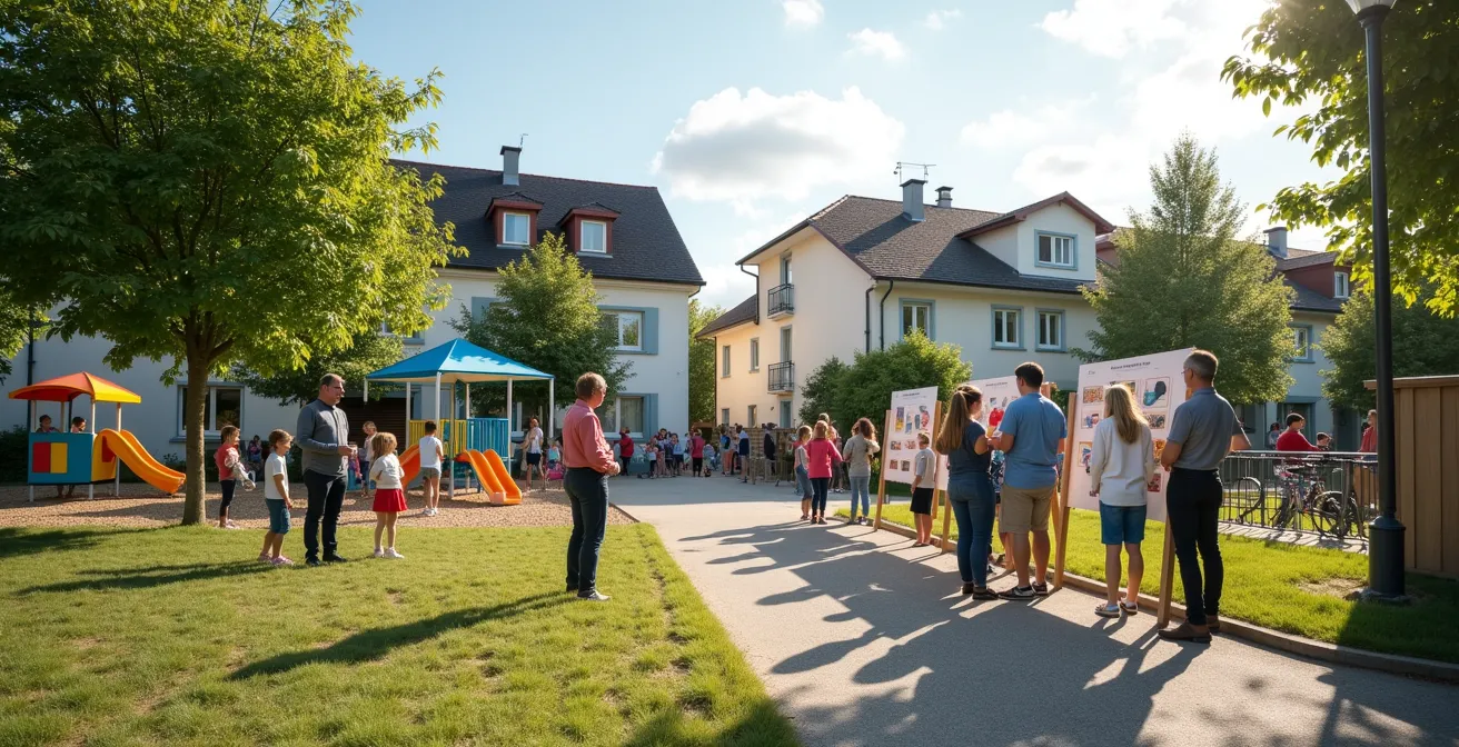 Kinder und Eltern diskutieren über neue Spielgeräte in ihrer Nachbarschaft