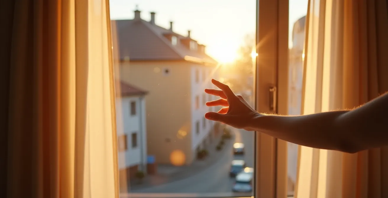 Schweizer Wohnzimmer mit weit geöffnetem Fenster beim Stosslüften, frische Luft strömt herein