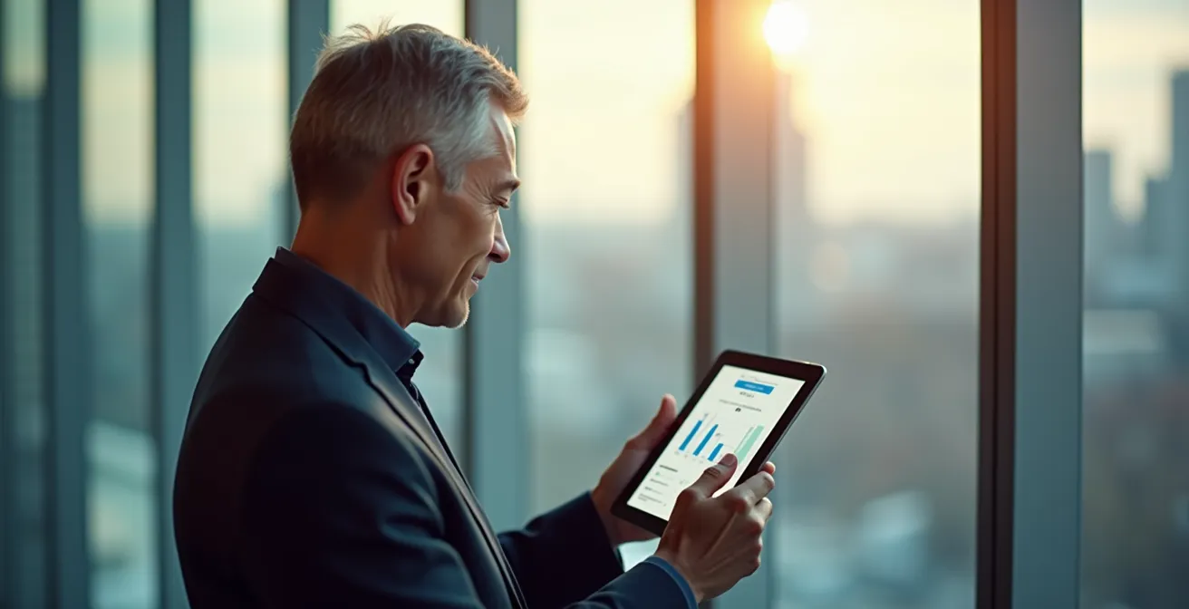 Visualisierung des Karriereübergangs vom Bankwesen zu FinTech, die einen erfahrenen Profi in einem modernen Zürcher Büro zeigt.