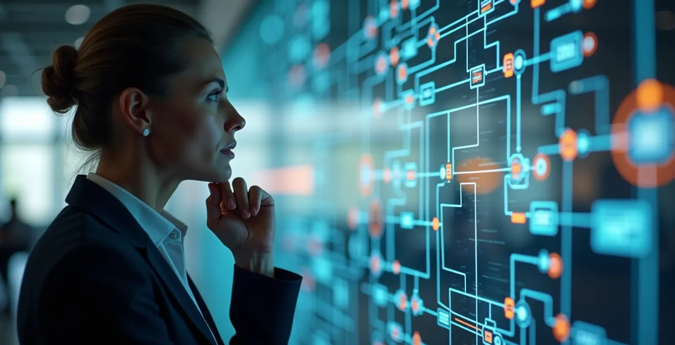 Abstrakte Darstellung vernetzter Arbeitsprozesse mit fliessenden Verbindungen