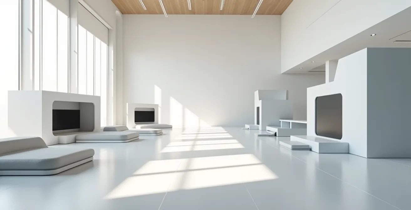 Weitwinkelaufnahme eines modernen VR-Trainingsraums mit minimalistischer Gestaltung