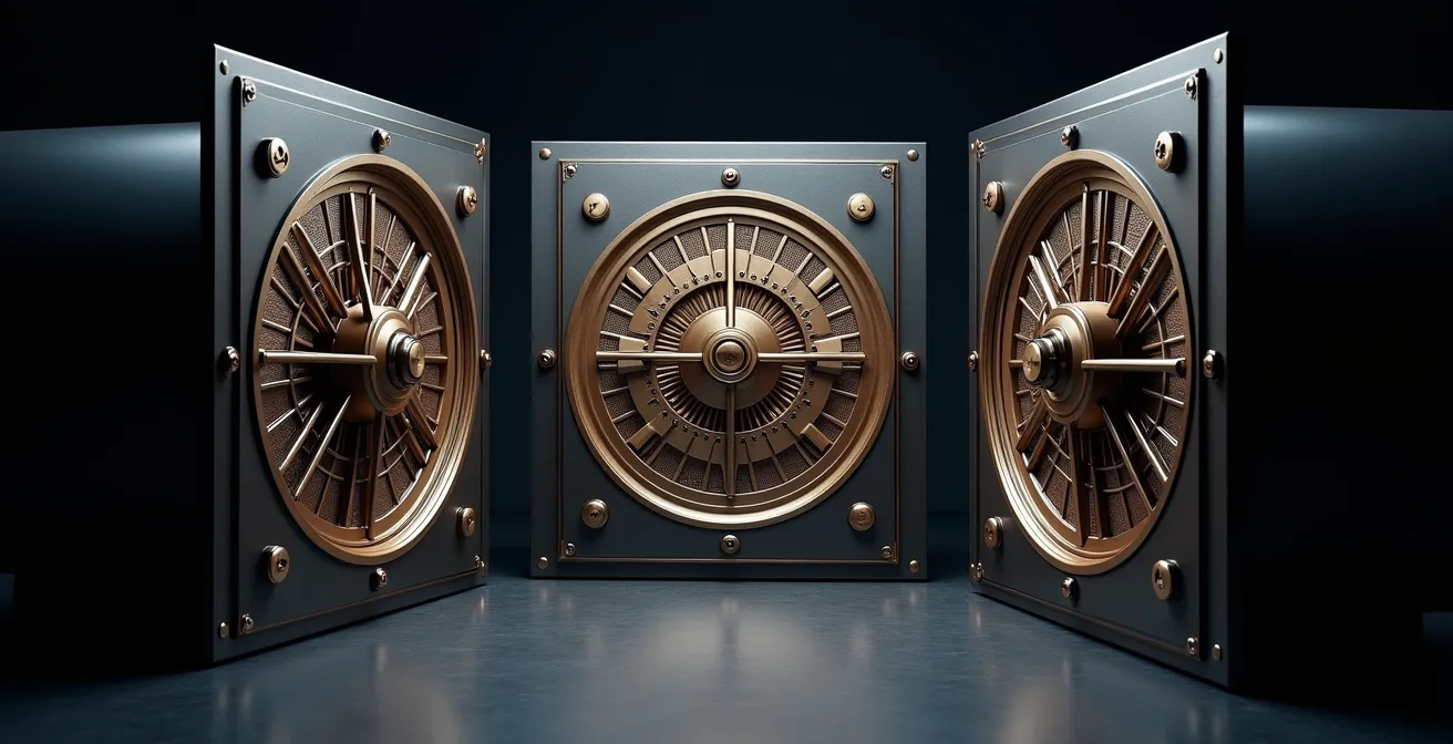 Währungsdiversifikation eines Schweizer Portfolios, symbolisiert durch drei Tresortüren