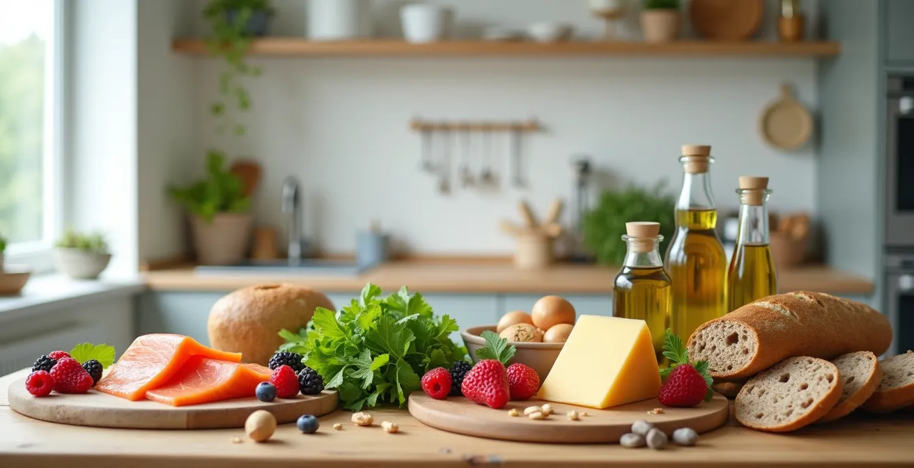 Vogelperspektive auf frische Brain-Food-Lebensmittel arrangiert auf Holztisch, darunter Schweizer Bergkäse, Lachs und Beeren.