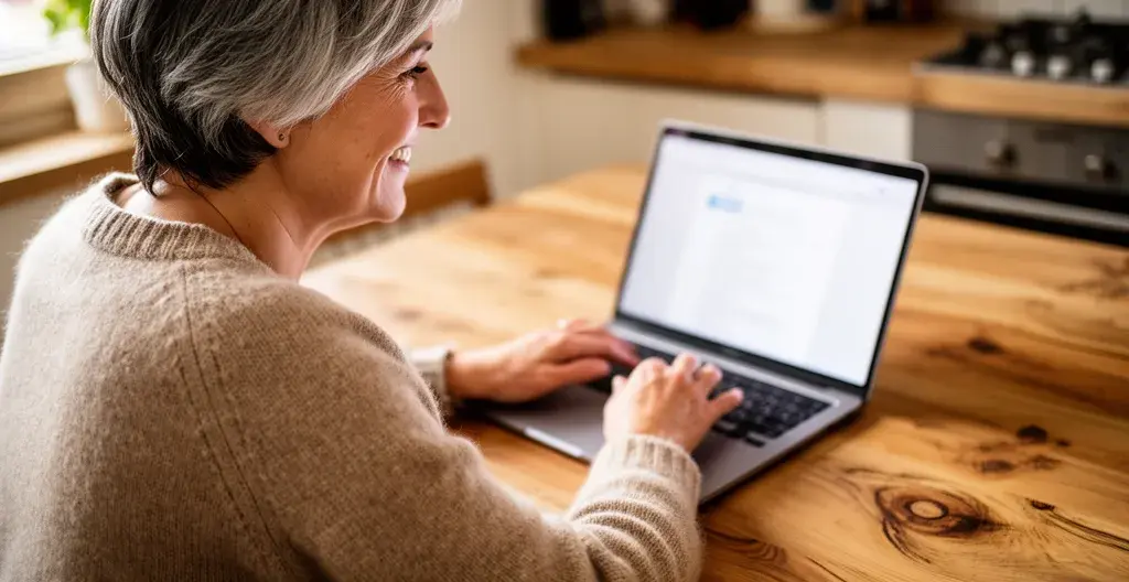 Frau mittleren Alters prüft Online-Immobilienbewertung am Laptop in Schweizer Küche