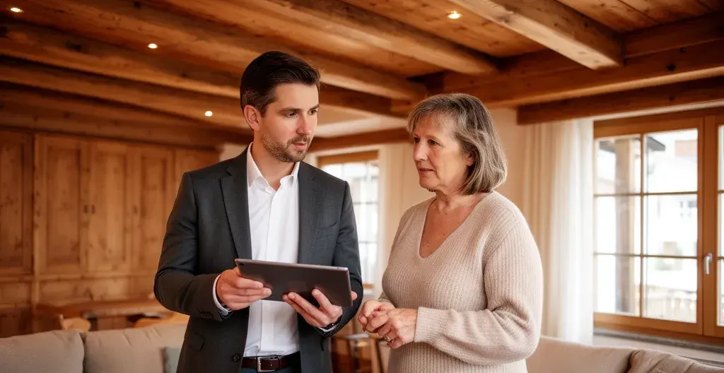 Immobilienexperte und Eigentümer besprechen Bewertung im Schweizer Wohnzimmer