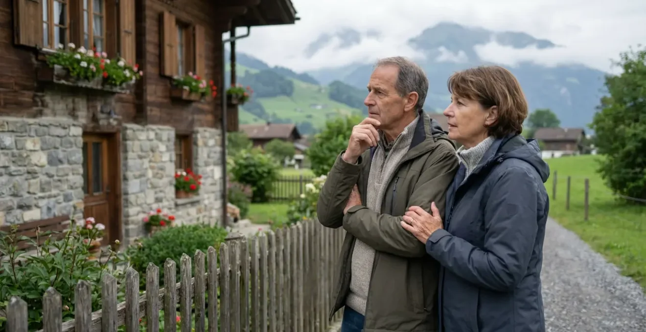 Schweizer Einfamilienhaus mit Garten, Eigentümerpaar betrachtet nachdenklich die Fassade