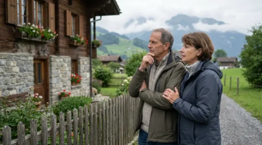 Schweizer Einfamilienhaus mit Garten, Eigentümerpaar betrachtet nachdenklich die Fassade