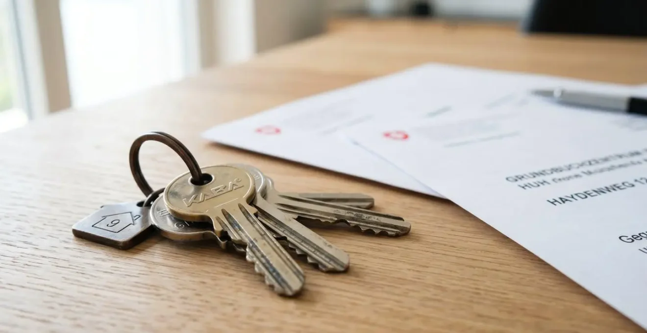 Extreme Nahaufnahme von silbernen Hausschlüsseln auf unscharfen offiziellen Dokumenten mit geringer Schärfentiefe auf hellem modernem Schreibtisch