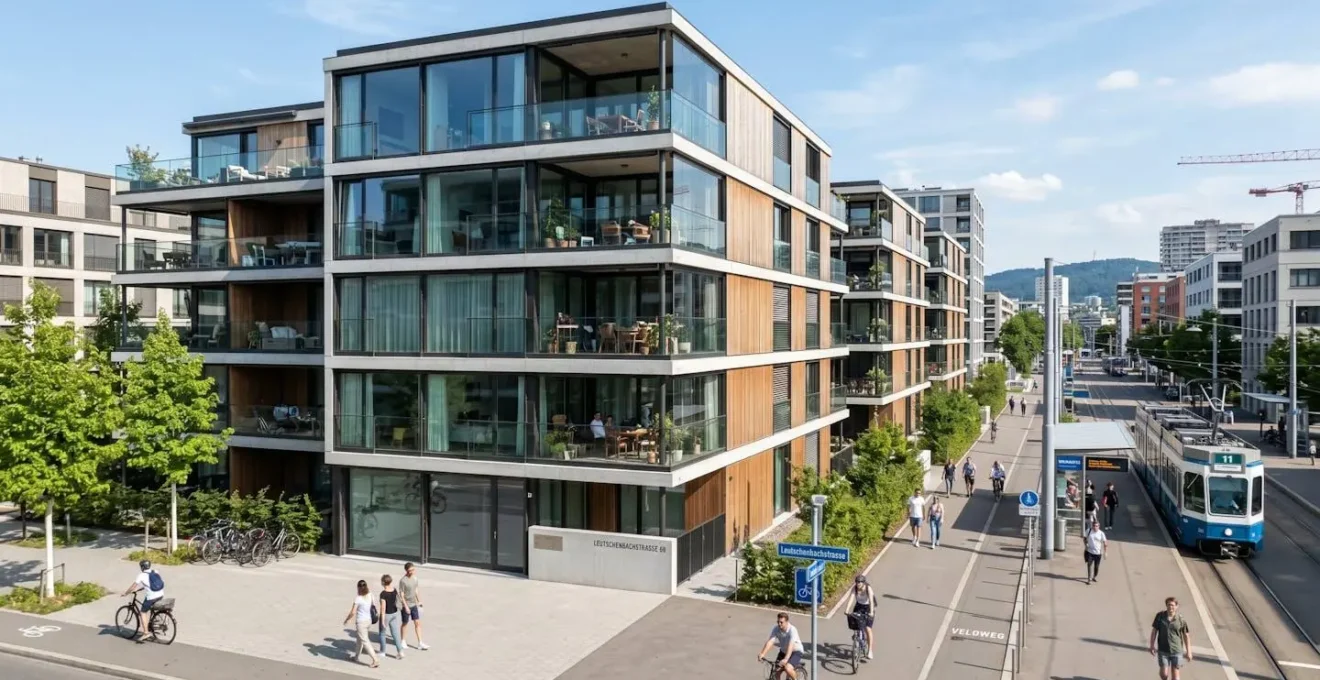 Zeitgenössische Wohngebäude mit grossen Glasfronten in einer modernen Quartierentwicklung in Zürich an einem sonnigen Tag