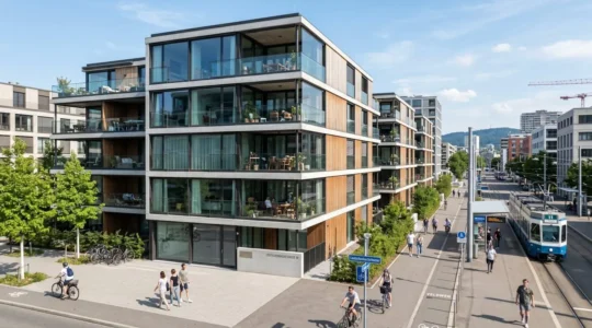 Zeitgenössische Wohngebäude mit grossen Glasfronten in einer modernen Quartierentwicklung in Zürich an einem sonnigen Tag