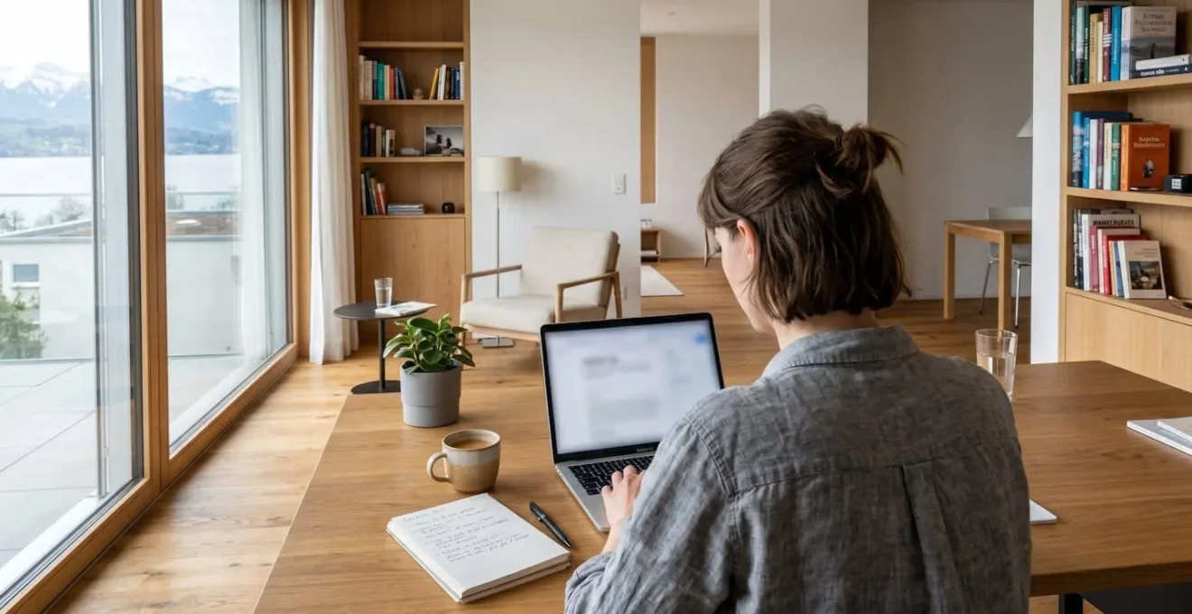 Person von hinten betrachtet am Laptop in modernem Home Office, Bildschirm zeigt unscharfe Inhalte, helles Tageslicht durch Fenster