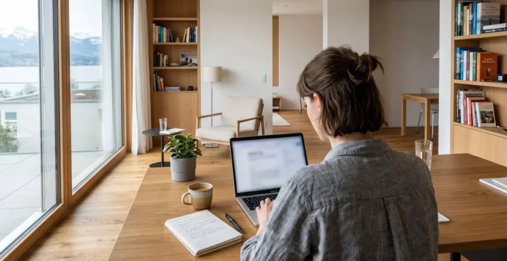 Person von hinten betrachtet am Laptop in modernem Home Office, Bildschirm zeigt unscharfe Inhalte, helles Tageslicht durch Fenster Person von hinten betrachtet am Laptop in modernem Home Office, Bildschirm zeigt unscharfe Inhalte, helles Tageslicht durch Fenster